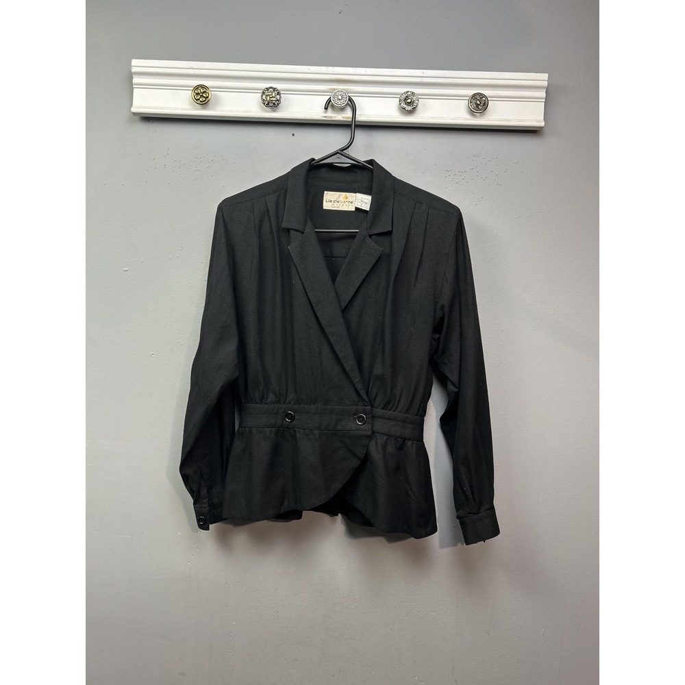 Liz Claiborne Blazer Womens Medium Petite Silk Black Peplum Double Button Career